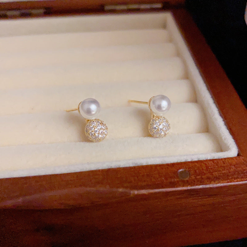 14K Gold-Plated Pearl Pave Ball Stud Earrings – Minimalist Chic Design