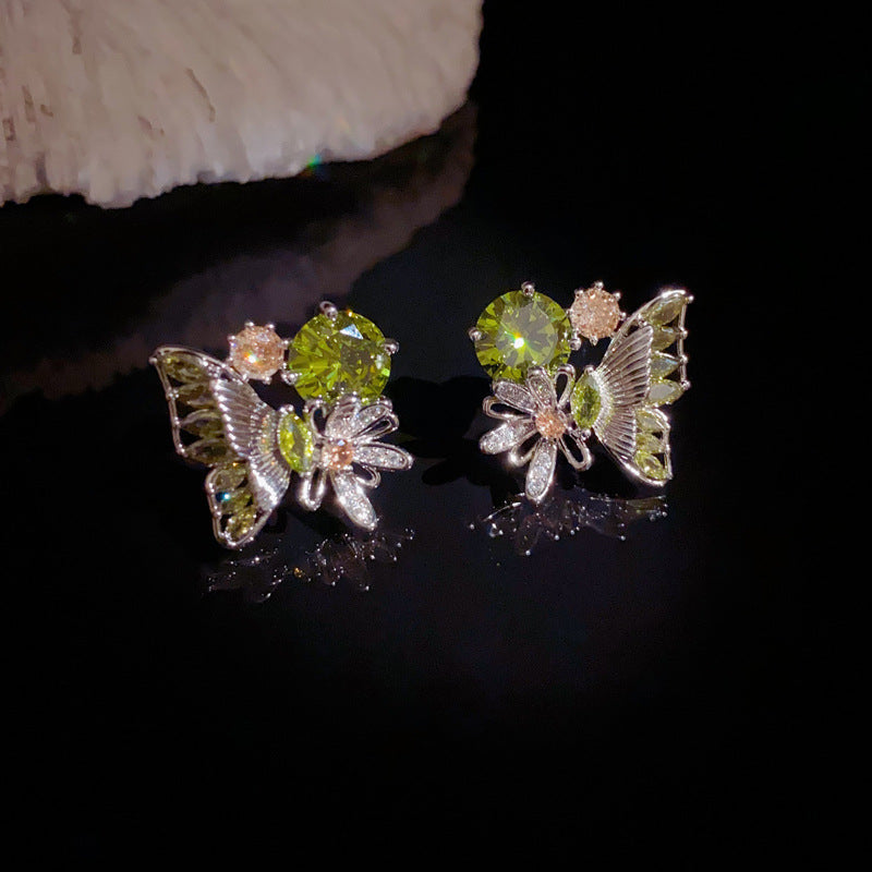 14K Gold Green Rhinestone Butterfly Stud Earrings – Minimalist Style