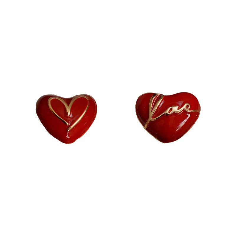 Elegant Red Letter Asymmetric Heart Stud Earrings – Geometric Design