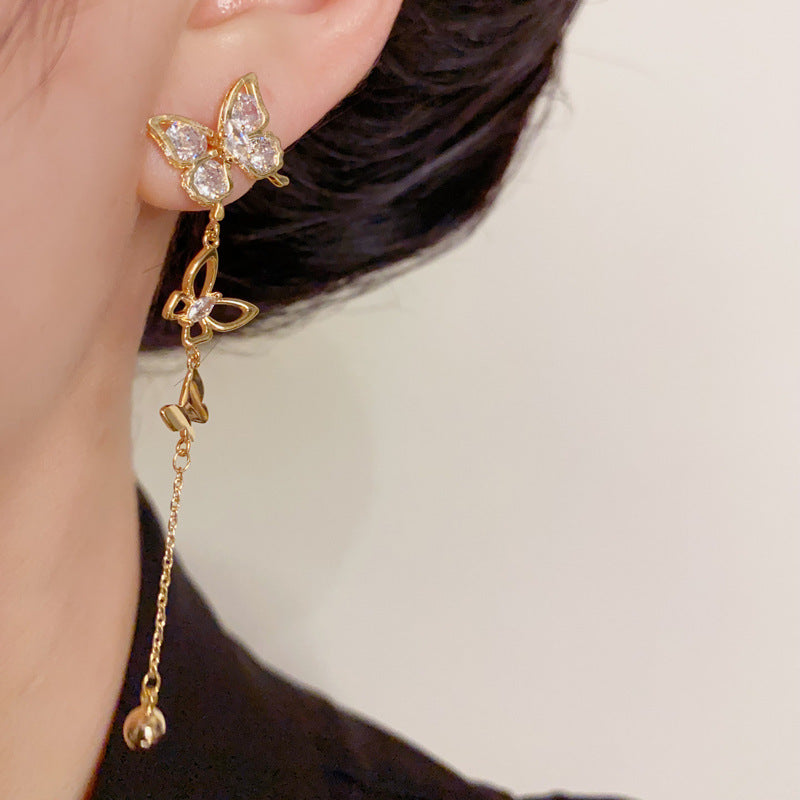 14K Gold-Plated Zircon Butterfly Tassel Earrings – Elegant Design