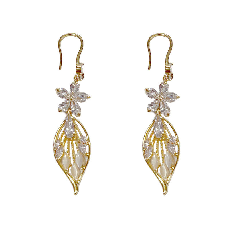 14K Gold-Plated Diamond Flower Leaf Tassel Earrings - Elegant Design