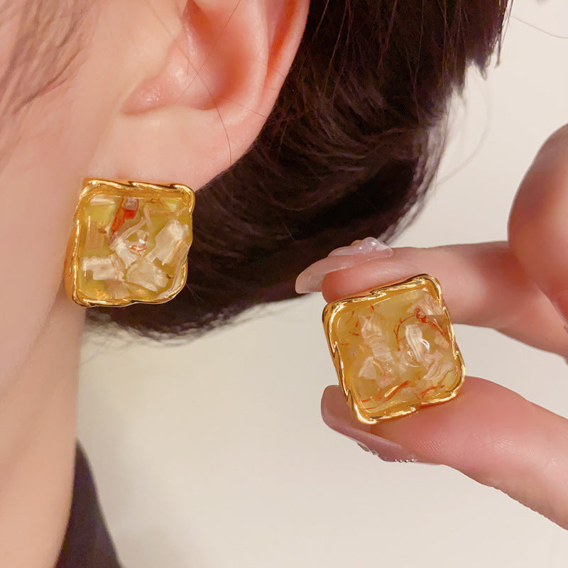 Luxury Resin Square Large Stud Gold Earrings– Elegant Geometric Design