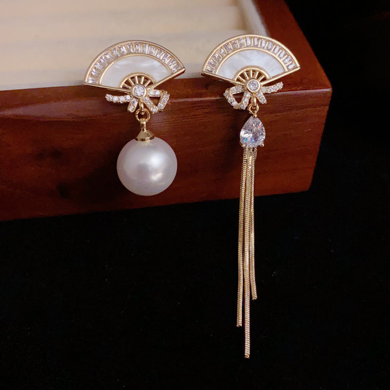 14K Gold-Plated Asymmetric Fan Pearl Tassel Earrings – French Design