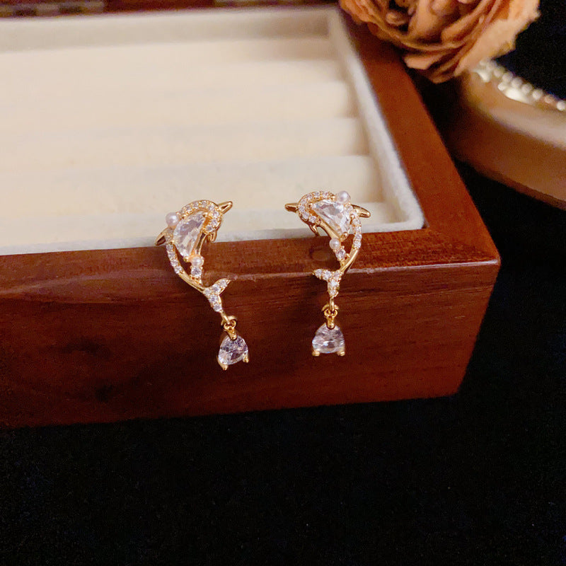 14K Gold Luxury Dolphin Waterdrop Drop Earrings – S925 Silver Needle