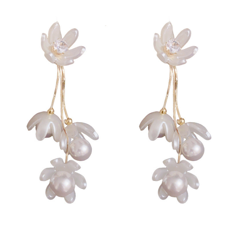14K Gold Zircon & Pearl Petal Tassel Drop Earrings – Elegant Design