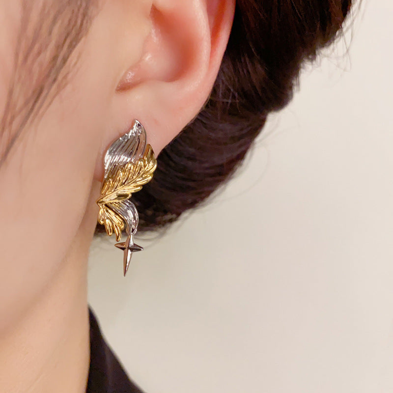14K Gold-Plated Two-Tone Wing Drop Earrings - Unique Minimalist Design