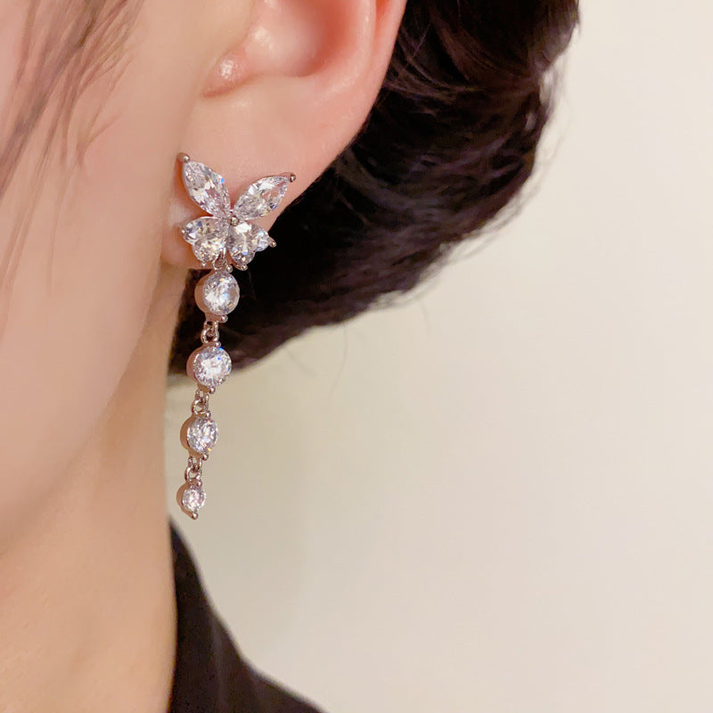 14K Gold-Plated Rhinestone Butterfly Tassel Earrings – Elegant Design