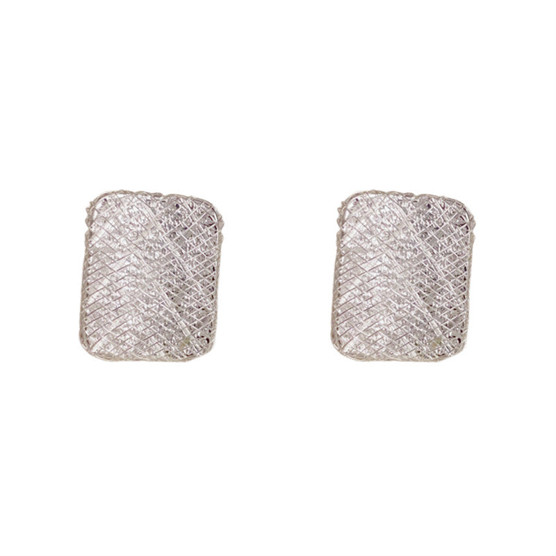 Luxury Thick Silver Mesh Square Stud Earrings – S925 Silver Needle