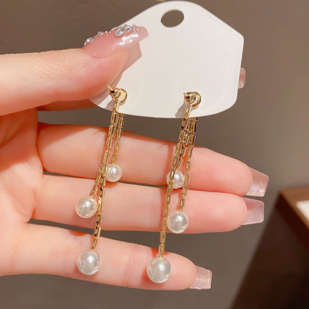 Eaioncol Layered Pearl CZ Tassel Drop Earrings Gold