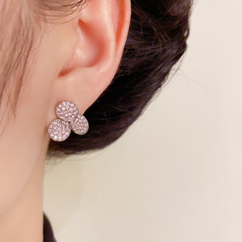 Luxury Zircon Purple Triple Round Stud Earrings – Geometric Design