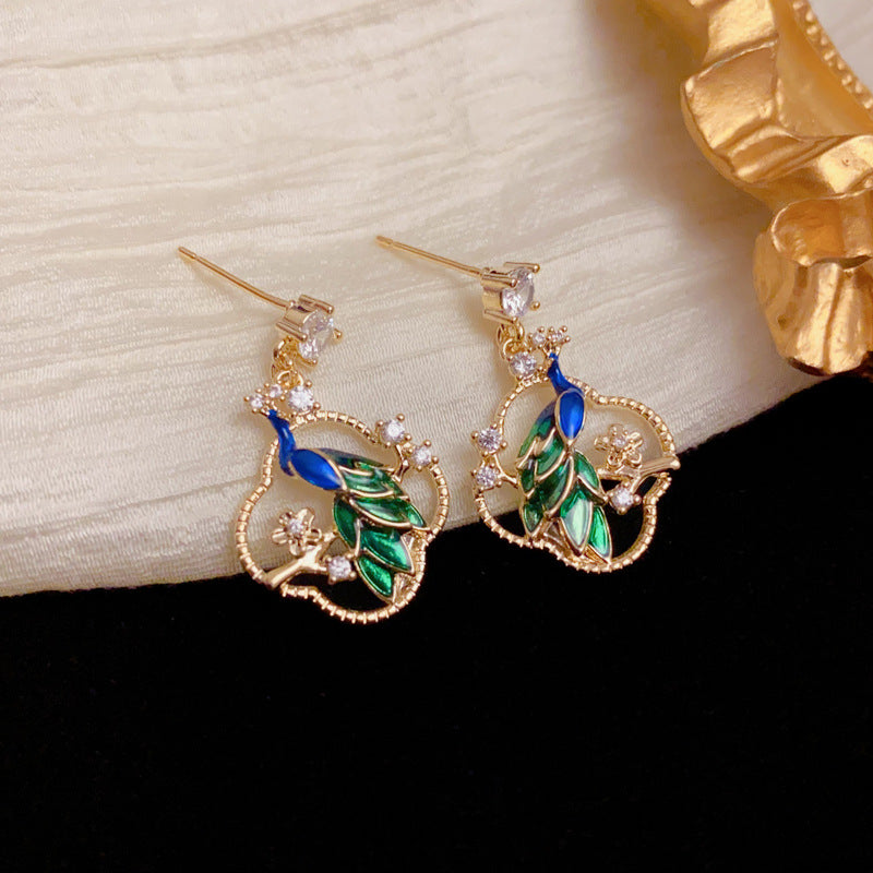 Elegant Petal Peacock Drop Gold Earrings – Floral Design