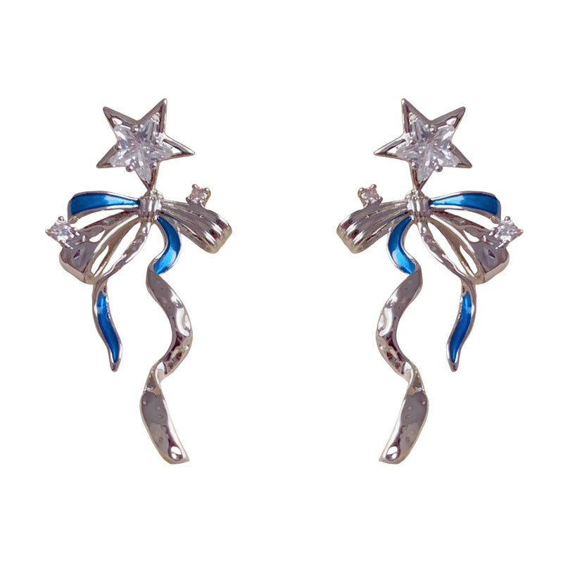 Elegant Zircon Star Bow Ribbon Tassel Drop Earrings – French Design