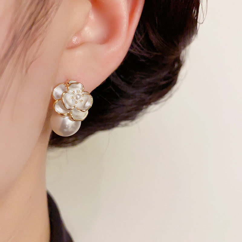 14K Gold-Plated Camellia Pearl Stud Earrings – Korean Minimalist Style