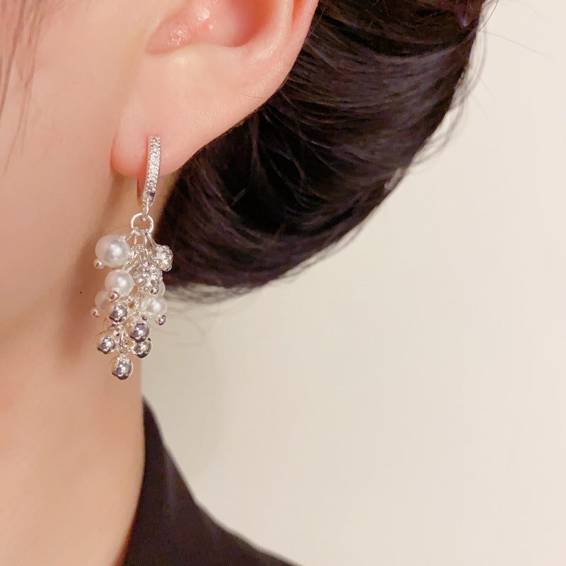 Elegant Pearl & Zircon Ball Tassel Drop Earrings – Geometric Design