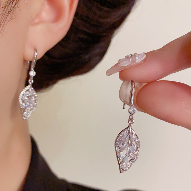 Luxury Full-Zircon Leaf Tassel Ear Hook Earrings – Elegant Design