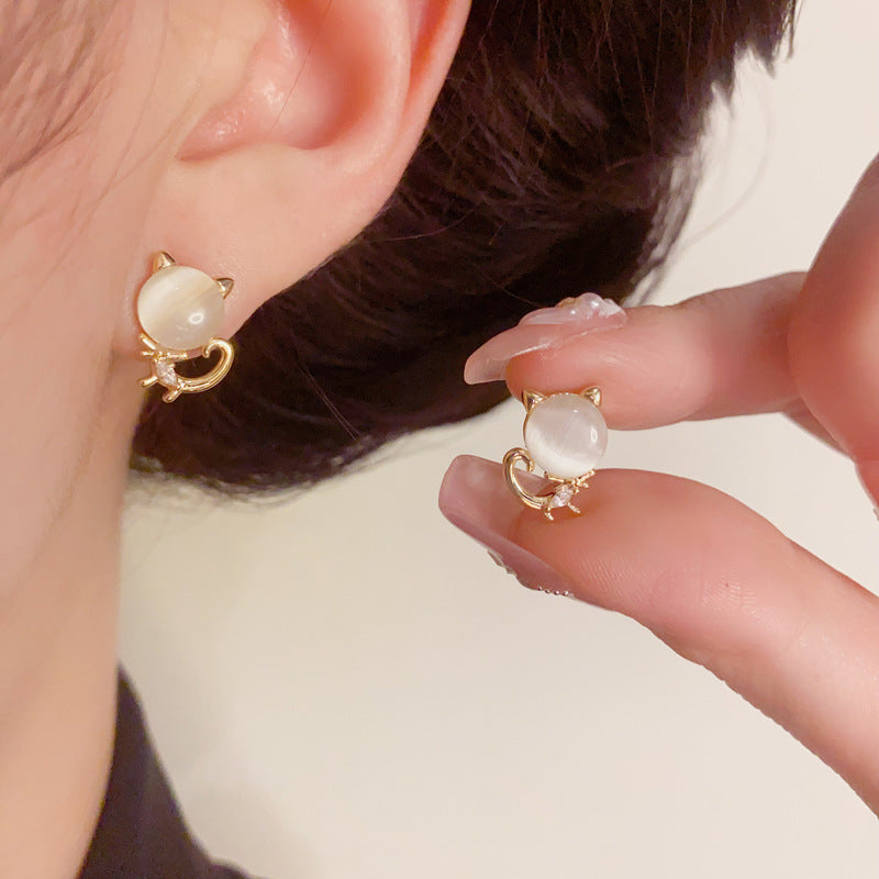 14K Gold Cat's Eye Stone Kitten Stud Earrings – S925 Silver Needle