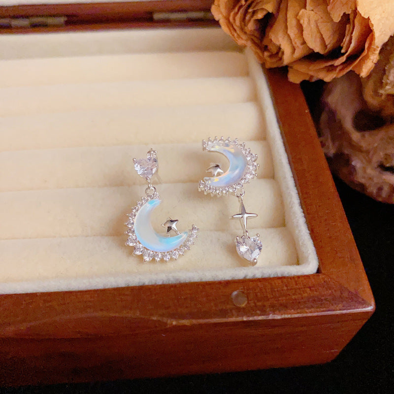 Zircon Star-Moon Asymmetric Tassel Drop Earrings – Elegant Design