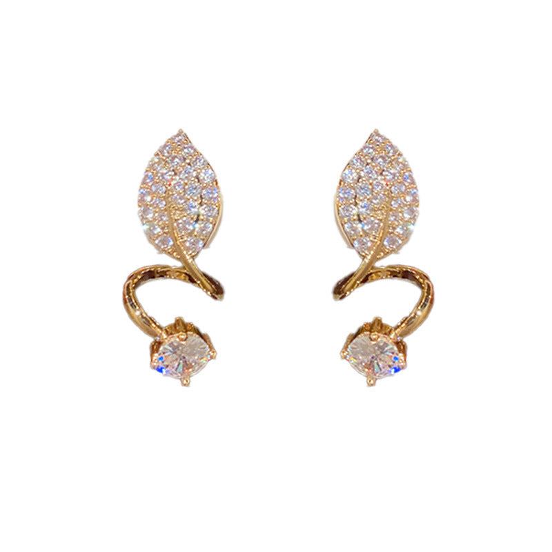 14K Gold Zircon Leaf Stud Earrings - Chic Elegance Design