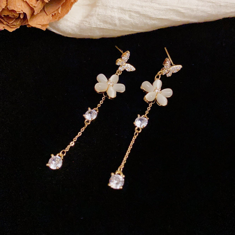 Luxury Zircon Cat's Eye & Flower Tassel Drop Earrings – Elegant Design