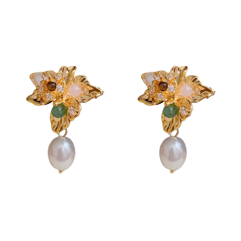 14K Gold Luxury Metal Petal & Pearl Drop Earrings – Elegant Design