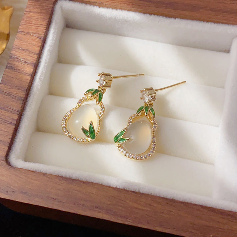 Luxury Zircon Imitation Jade Gourd Stud Earrings – Elegant Design