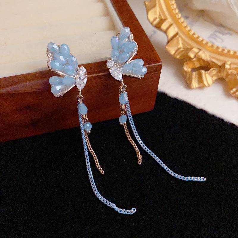Luxury Crystal Butterfly Chain Tassel Drop Earrings – Elegant Design