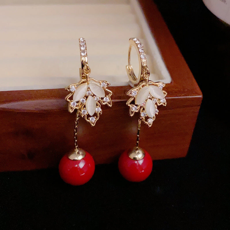 14K Gold-Plated Stone Maple Leaf Red Bead Earrings - Chic & Elegant