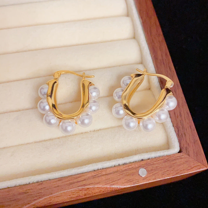 Eaioncol Geometric Pearl Hoop Earrings 18K Gold