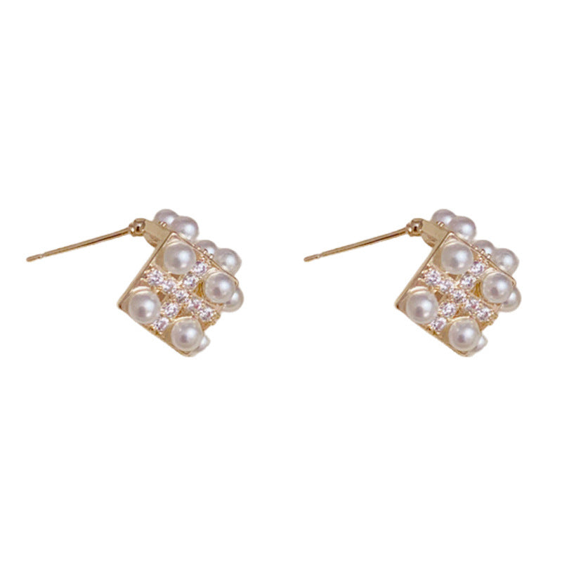 14K Gold Minimalist Pearl Square Stud Earrings – Geometric Design