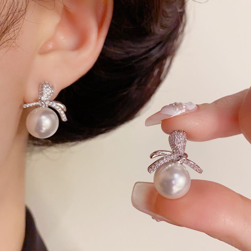 14K Gold S925 Silver Needle Zircon Pearl Stud Earrings– Elegant Design