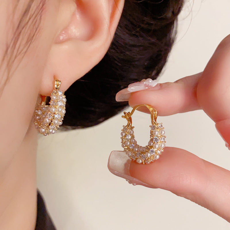 Elegant Full-Zircon Pearl U-Shaped Earrings – Silver Needle Geometric