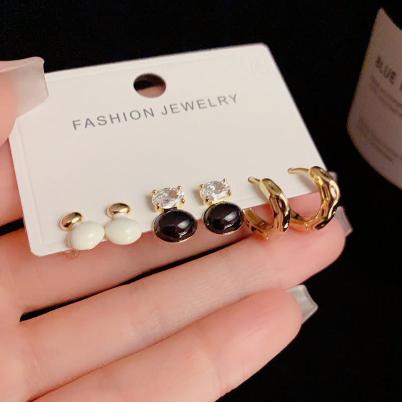 14K Gold-Plated Black and White Bead Hoop Earrings- Geometric Trio Set
