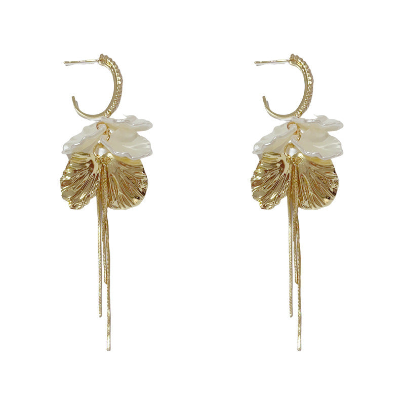 14K Gold Zircon White Petal Contrast Tassel Earrings – Elegant Design