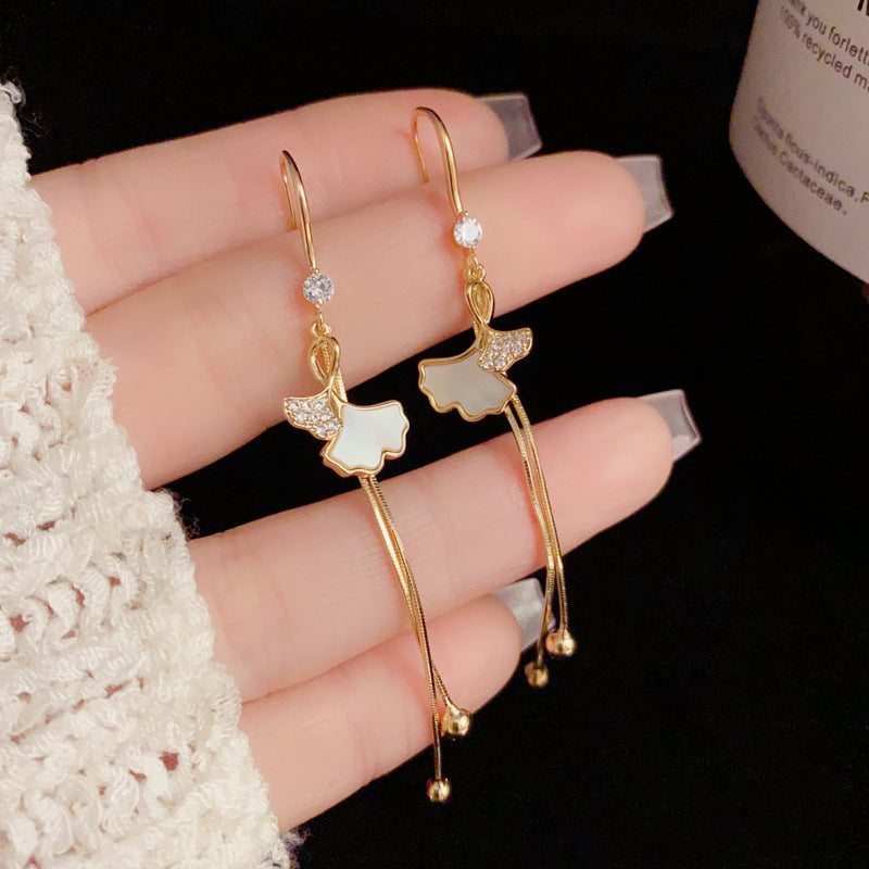 14K Gold-Plated Ginkgo Leaf Shell Tassel Earrings - Elegant Minimalist