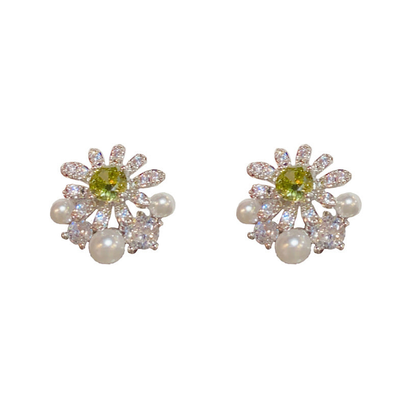 14K Gold-Plated Pearl Sunflower Stud Earrings - Elegant Floral Design