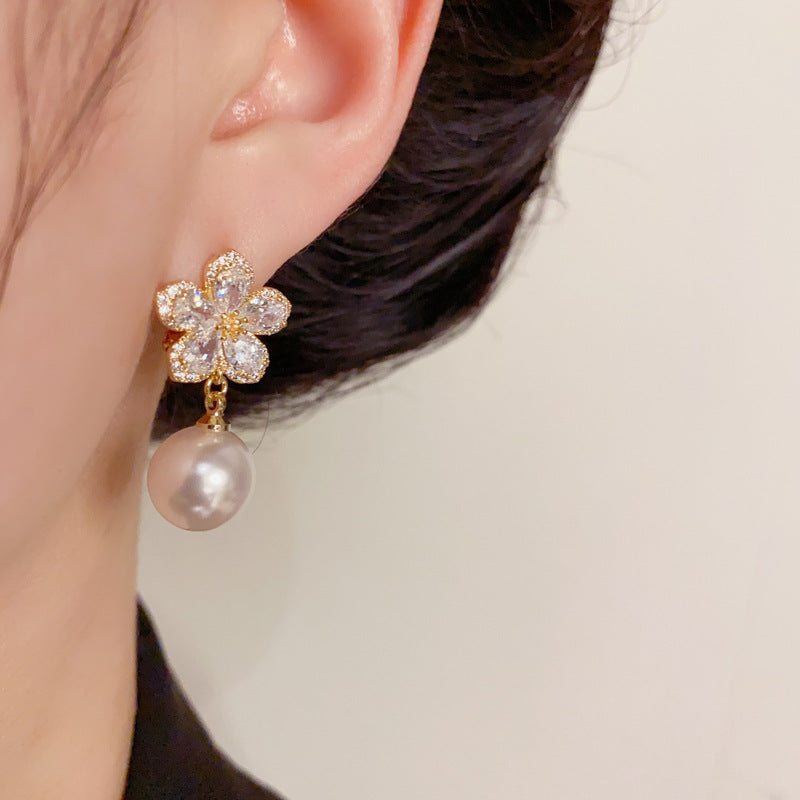 14K Gold-Plated Full Zircon Floral Pearl Drop Earrings Elegant Sparkle