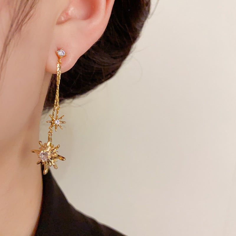 14K Gold Zircon Star Tassel Drop Earring - Chic Elegance Design