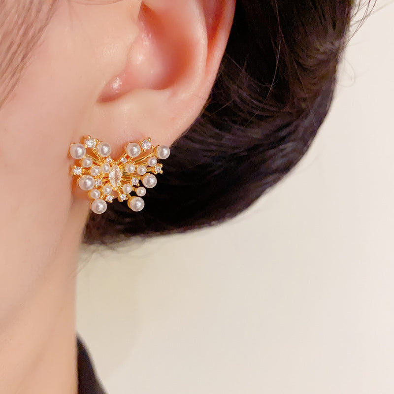 Elegant Zircon & Pearl Butterfly Stud Earrings – Animal Design