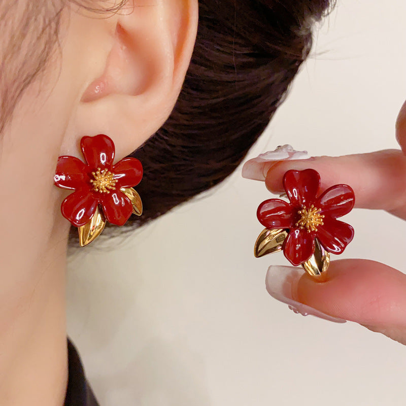 Elegant Ankara Red Camellia Stud Gold Earrings – Floral Design