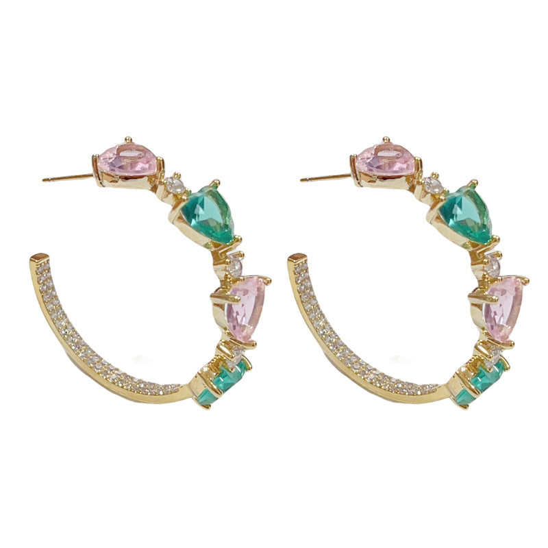 14K Gold Colorful Heart C-Shaped Hoop Earrings – Bold & Chic Design