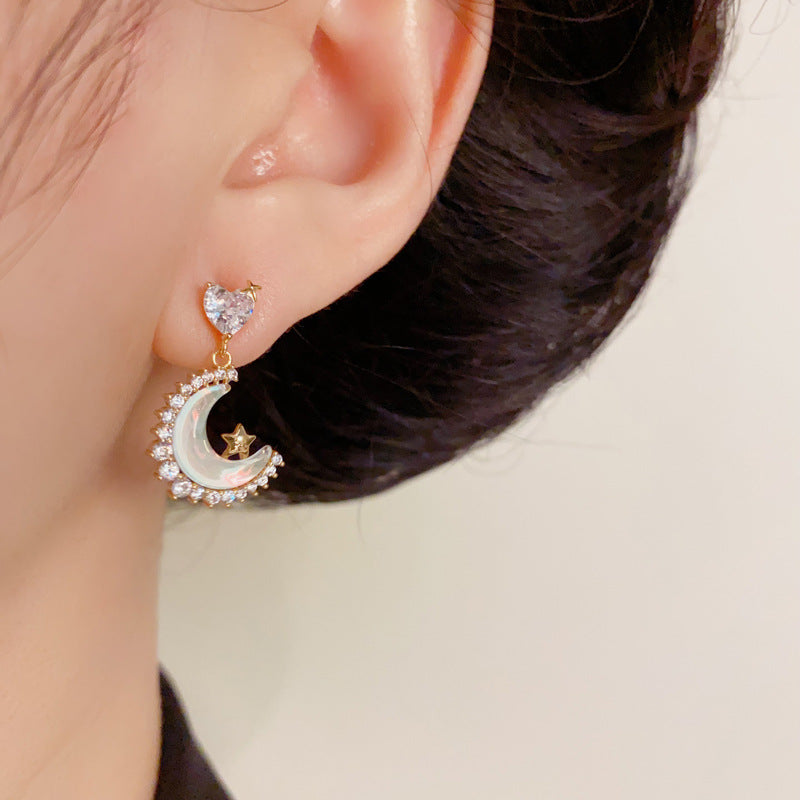 Zircon Star-Moon Asymmetric Tassel Drop Earrings – Elegant Design