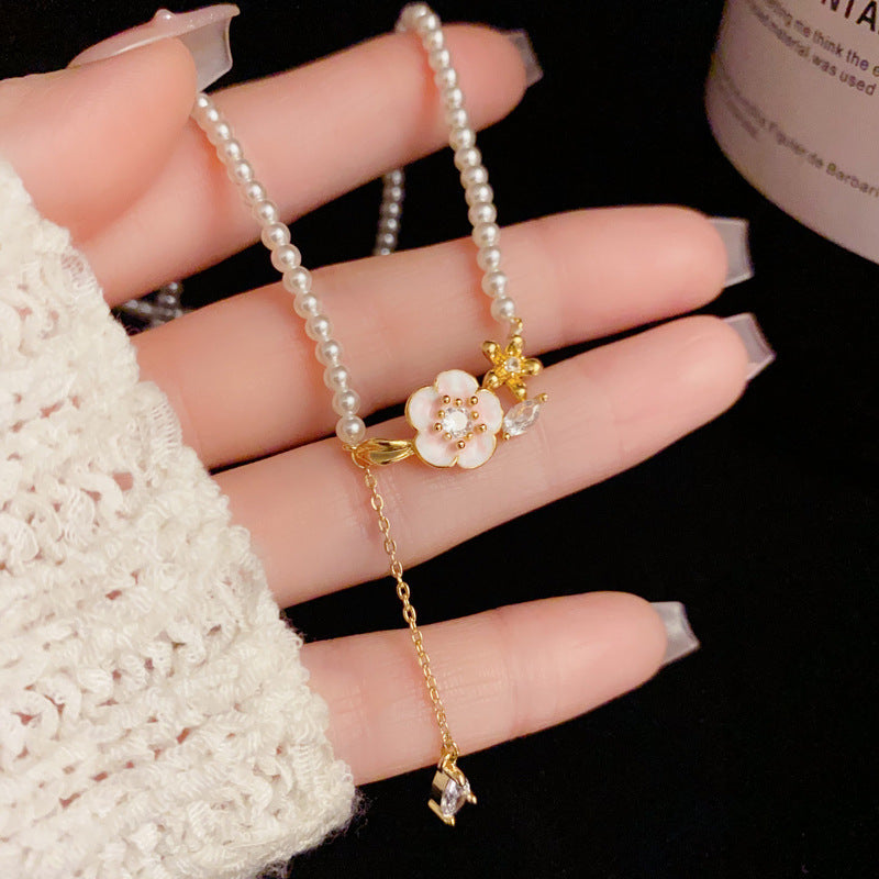 14K Gold Camellia Waterdrop Pearl Tassel Necklace – Elegant Design