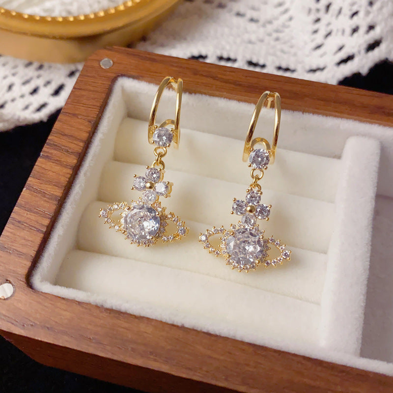 Full Pave Rhinestone Saturn Tassel Drop Earrings – Elegant Design