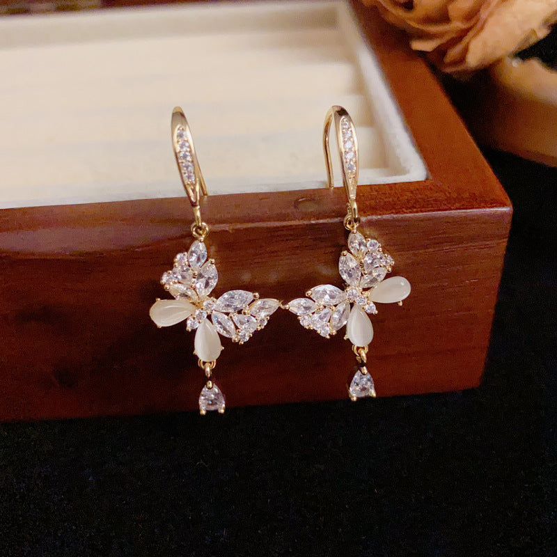 14K Gold Zircon Butterfly & Waterdrop Drop Earrings – Elegant Design