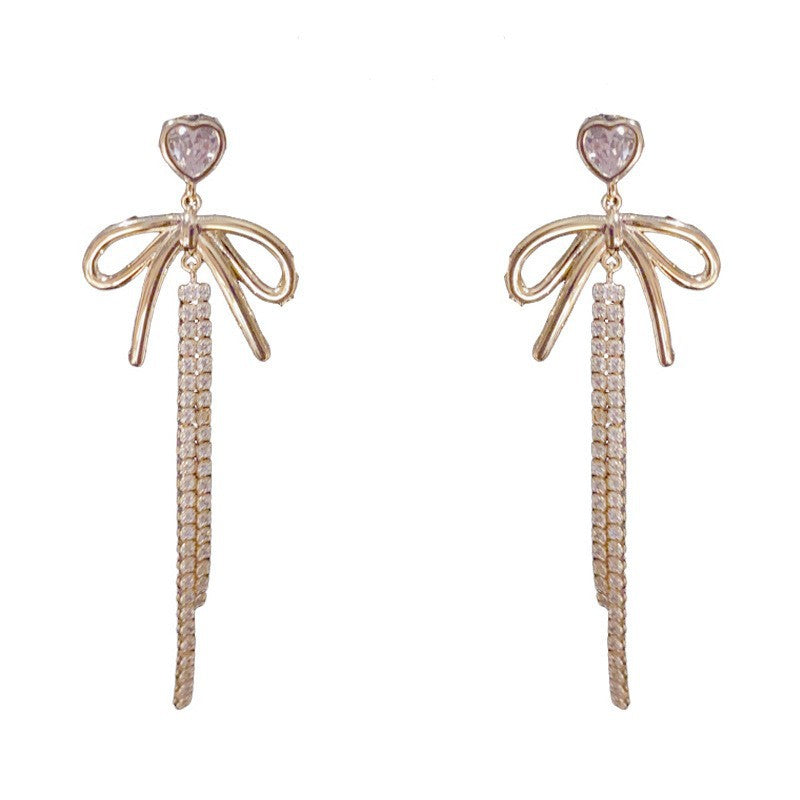Eaioncol Bow CZ Tassel Drop Earrings Gold Silver