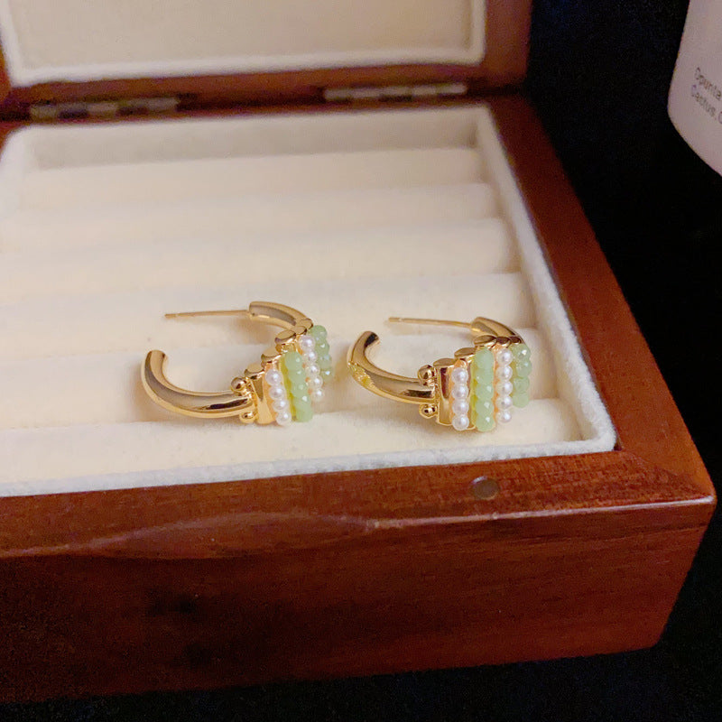 14K Gold Green Bead & Pearl C-Shaped Hoop Earrings – Statement Jewelry
