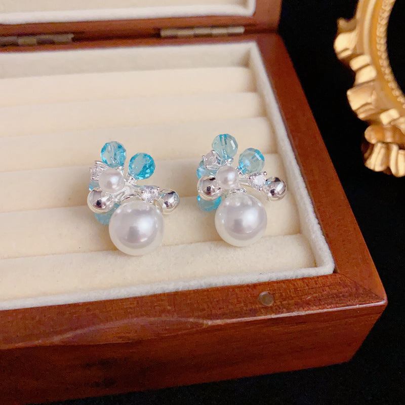 Luxury Blue Crystal & Pearl Stud Elegant Earrings – Geometric Design