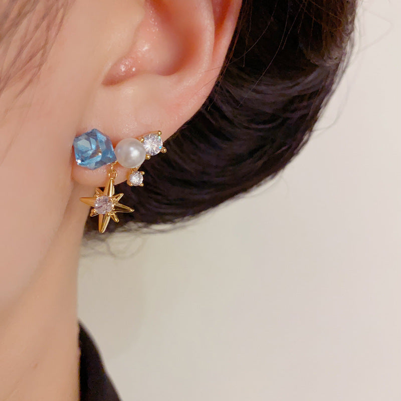 Luxury Blue Sugar Cube Crystal Star Drop Earrings – Star-Shaped Design