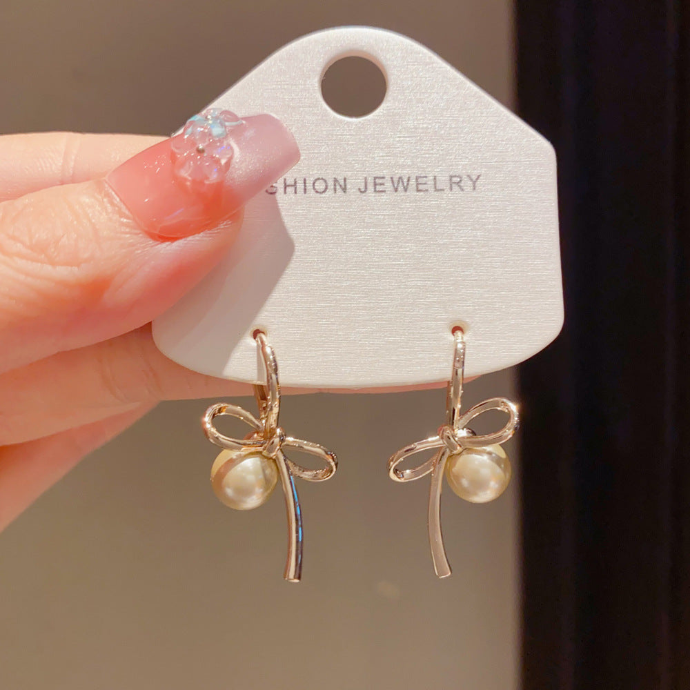 Eaioncol Coffee Gold Bow Pearl Hoop Earrings 14K Gold Plated