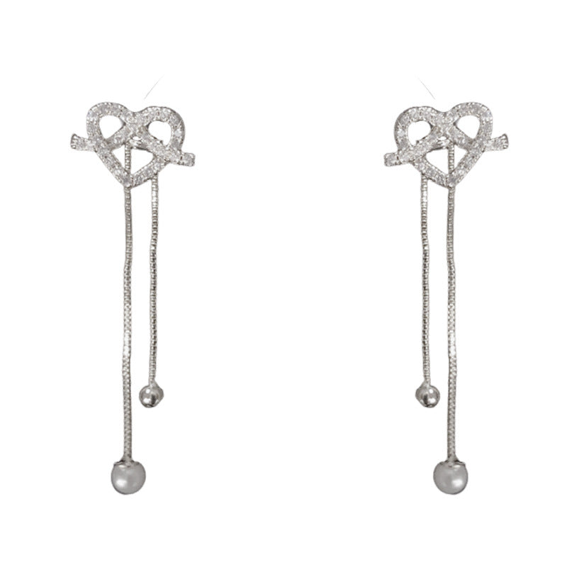 14K Gold Full Diamond Heart Tassel Drop Earrings – Elegant Design